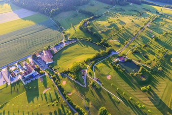 Golf course Geiselwind of the Steigerwald Golf Club e. V. with house on the lake in Geiselwind in the state Bavaria, Germany from above