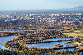 Lakes and beach areas on the recreation area Blaue Adria in the district Riedsiedlung in Altrip in the state Rhineland-Palatinate