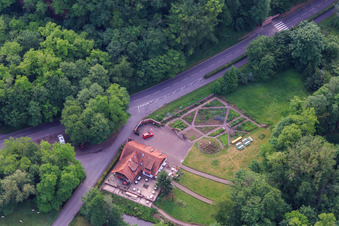 Oblique view of Café and garden on the Lauter in the district Sankt Germanshof in Wissembourg in the state Bas-Rhin, France