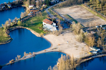 Aerial photograpy of Lakes and beach areas on the recreation area Blaue Adria in the district Riedsiedlung in Altrip in the state Rhineland-Palatinate