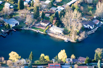 Aerial view of Swan pond in the Blue Adriatic recreation area in Altrip in the state Rhineland-Palatinate, Germany