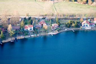 Aerial photograpy of Swan pond in the Blue Adriatic recreation area in Altrip in the state Rhineland-Palatinate, Germany