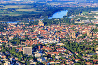 City view up to the cathedral and the Rhine in the evening from the west in Speyer in the state Rhineland-Palatinate, Germany