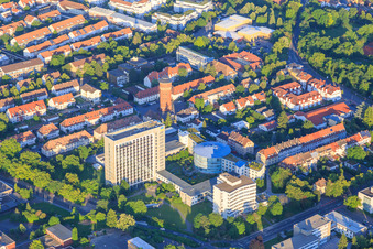 Aerial view of Office tower of the German Pension Insurance Rhineland-Palatinate - main location and water tower Speyer in Speyer in the state Rhineland-Palatinate, Germany