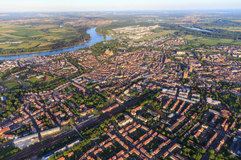 Aerial view of Old town overview from the northwest in the evening to the Rhine in Speyer in the state Rhineland-Palatinate, Germany