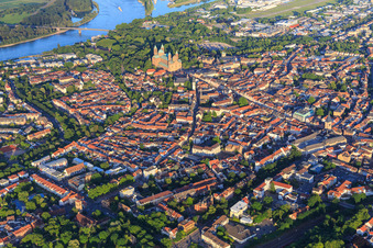 Aerial photograpy of Old town overview from the northwest in the evening to the Rhine in Speyer in the state Rhineland-Palatinate, Germany
