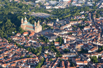 Aerial photograpy of Church building of the cathedral of of Dom zu Speyer in Speyer in the state Rhineland-Palatinate, Germany