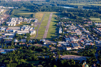 Runway with tarmac terrain of airfield Flugplatz Speyer Ludwigshafen GmbH in Speyer in the state Rhineland-Palatinate, Germany