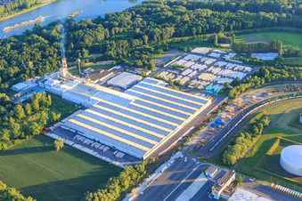 Aerial view of Saint-Gobain Isover G+H AG on the Am Flugplatz industrial estate in Speyer in the state Rhineland-Palatinate, Germany
