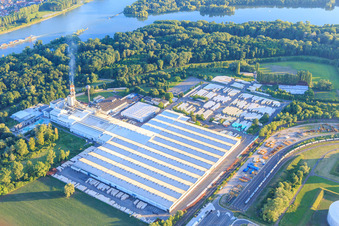 Aerial photograpy of Saint-Gobain Isover G+H AG on the Am Flugplatz industrial estate in Speyer in the state Rhineland-Palatinate, Germany