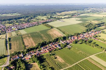 Village - view on the edge of agricultural fields and farmland in Vollmersweiler in the state Rhineland-Palatinate, Germany