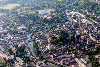 Aerial view of City view on the river bank of Loir in Vendome in Centre-Val de Loire, France