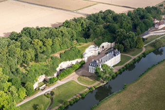 Aerial view of Building and castle park systems of castle Chateau de Rochambeau in Thore-la-Rochette in Centre-Val de Loire, France