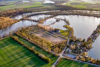 Middle path between Adriaweiher and Schwanenweiher in the Blue Adriatic recreation area in Altrip in the state Rhineland-Palatinate, Germany from the plane