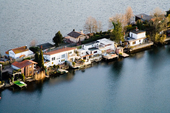 Middle path between Adriaweiher and Schwanenweiher in the Blue Adriatic recreation area in Altrip in the state Rhineland-Palatinate, Germany viewn from the air