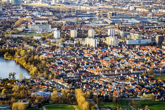 District from the south in the district Neckarau in Mannheim in the state Baden-Wuerttemberg, Germany