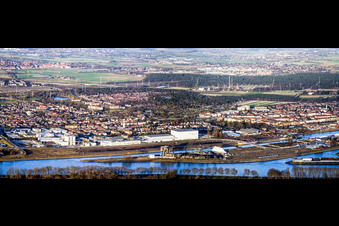 Panoramic perspective Quays and boat moorings at the port of the inland port of the Rhine river in the district Rheinau in Mannheim in the state Baden-Wurttemberg, Germany