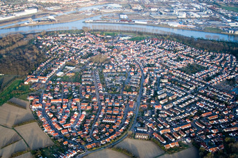 Aerial photograpy of Town View of the streets and houses of the residential areas in Altrip in the state Rhineland-Palatinate