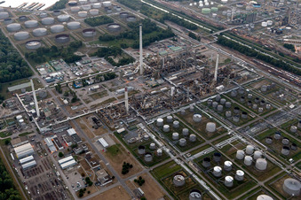 Night lighting Refinery equipment and management systems on the factory premises of the mineral oil manufacturers Mineraloelraffinerie Oberrhein in the district Knielingen in Karlsruhe in the state Baden-Wurttemberg, Germany
