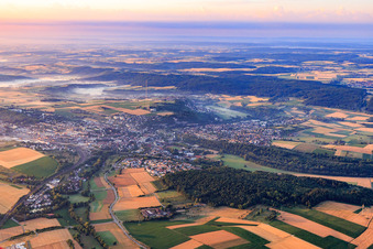 Aerial view of View of the town from the northwest in the morning in Mühlacker in the state Baden-Wuerttemberg, Germany