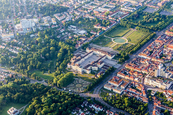 Building complex in the park of the castle Residenzschloss Ludwigsburg in Ludwigsburg in the state Baden-Wurttemberg, Germany from above