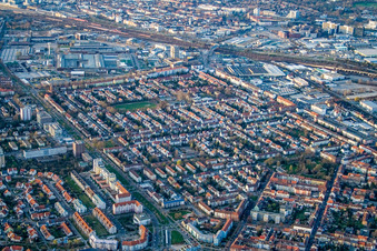 Aerial view of District from the south in the district Almenhof in Mannheim in the state Baden-Wuerttemberg, Germany