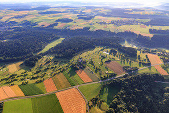 Aerial view of Golf course of the Golf and Country Club Haghof eV in the district Breitenfürst in Welzheim in the state Baden-Wuerttemberg, Germany