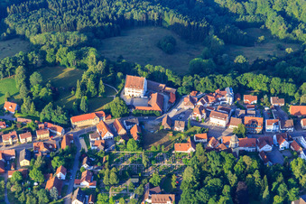 Aerial view of And Schloßstraße with Lower Castle and St. Stephen's Church of the Welzheimer Wald parish in Alfdorf in the state Baden-Wuerttemberg, Germany