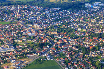 View of the city from the northeast with St. George's Church in Mutlangen in the state Baden-Wuerttemberg, Germany