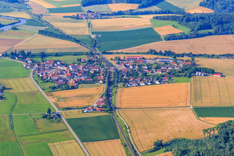 Village view with railway line from the north in the district Wörnitzstein in Donauwörth in the state Bavaria, Germany