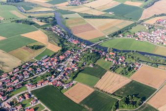 Aerial view of Village on the river bank areas of Woernitz in Woernitzstein in the state Bavaria, Germany