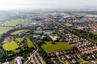 Aerial view of Ensemble of sports grounds of Hans-Leipelt-Schule and Ludwig-Boelkow-Schule, Staatliche Berufsschule Donauwoerth, Technikerschule in Donauwoerth in the state Bavaria, Germany