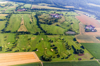 Aerial view of Grounds of the Golf course at of Golfclub Donauwoerth Gut Lederstatt in Donauwoerth in the state Bavaria, Germany