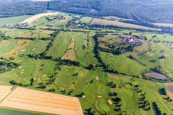 Aerial photograpy of Grounds of the Golf course at of Golfclub Donauwoerth Gut Lederstatt in Donauwoerth in the state Bavaria, Germany