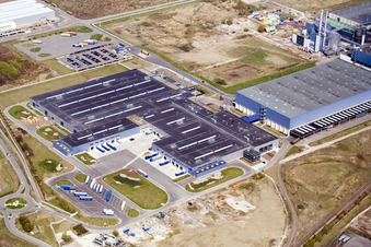 Aerial view of Building and production halls on the premises of Europack GmbH in the district Industriegebiet Woerth-Oberwald in Woerth am Rhein in the state Rhineland-Palatinate, Germany