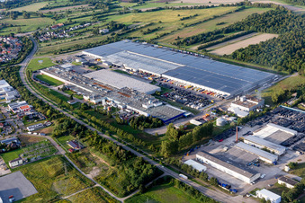 Aerial view of Building and production halls on the premises of Goodyear Dunlop Tires Germany on Goodyearstrasse in Philippsburg in the state Baden-Wurttemberg, Germany. Involved is: Goodyear Dunlop Tires Germany GmbH