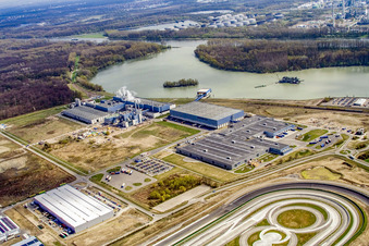 Oberwald industrial area: Palm paper mill in Wörth am Rhein in the state Rhineland-Palatinate, Germany seen from a drone