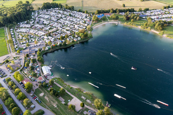 Oblique view of St. Leoner See, water ski facility in the district Sankt Leon in St. Leon-Rot in the state Baden-Wuerttemberg, Germany