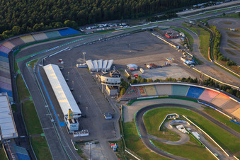 Oblique view of Pit lane at the Motodrom Hockenheimring Baden-Württemberg in Hockenheim in the state Baden-Wuerttemberg, Germany