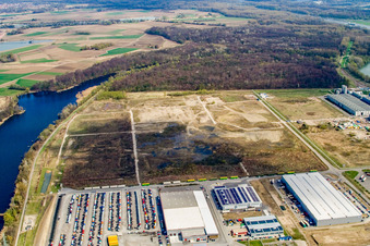 Aerial view of Oberwald industrial area, Nuss forwarding company in Wörth am Rhein in the state Rhineland-Palatinate, Germany