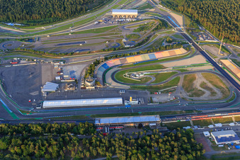 Oblique view of Overview from the west beyond the A6 of the Hockenheimring Baden-Württemberg in Hockenheim in the state Baden-Wuerttemberg, Germany