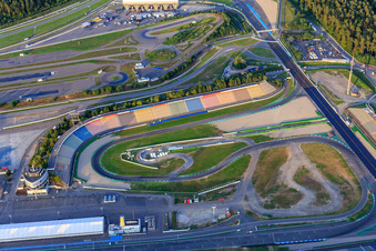 Aerial photograpy of Main grandstand of the Hockenheimring Baden-Württemberg in Hockenheim in the state Baden-Wuerttemberg, Germany