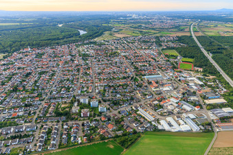 Aerial view of City overview along the A6 from the southeast in Ketsch in the state Baden-Wuerttemberg, Germany