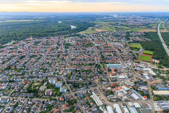 Oblique view of City overview along the A6 from the southeast in Ketsch in the state Baden-Wuerttemberg, Germany