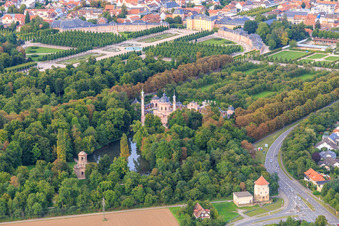 Aerial view of Mercury Temple and Mosque in the Schwetzingen Palace Gardens in Schwetzingen in the state Baden-Wuerttemberg, Germany