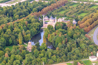 Aerial photograpy of Mercury Temple and Mosque in the Schwetzingen Palace Gardens in Schwetzingen in the state Baden-Wuerttemberg, Germany