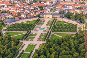 Aerial view of Arion fountain in the center of the Schwetzingen Palace Gardens and deer group - sculptures with fountain in Schwetzingen in the state Baden-Wuerttemberg, Germany