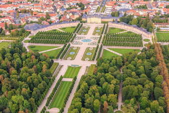 Oblique view of Arion fountain in the center of the Schwetzingen Palace Gardens and deer group - sculptures with fountain in Schwetzingen in the state Baden-Wuerttemberg, Germany