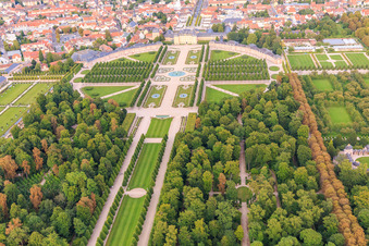 Arion fountain in the center of the Schwetzingen Palace Gardens and deer group - sculptures with fountain in Schwetzingen in the state Baden-Wuerttemberg, Germany from above