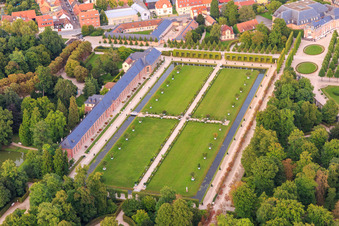 Aerial view of Orangery and lawn in the Schwetzingen Palace Gardens in Schwetzingen in the state Baden-Wuerttemberg, Germany
